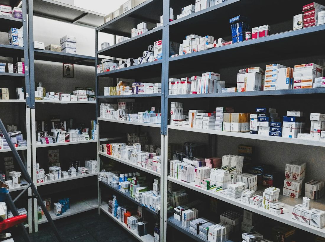 Racked warehouse aisle used for pharmaceutical storage and distribution